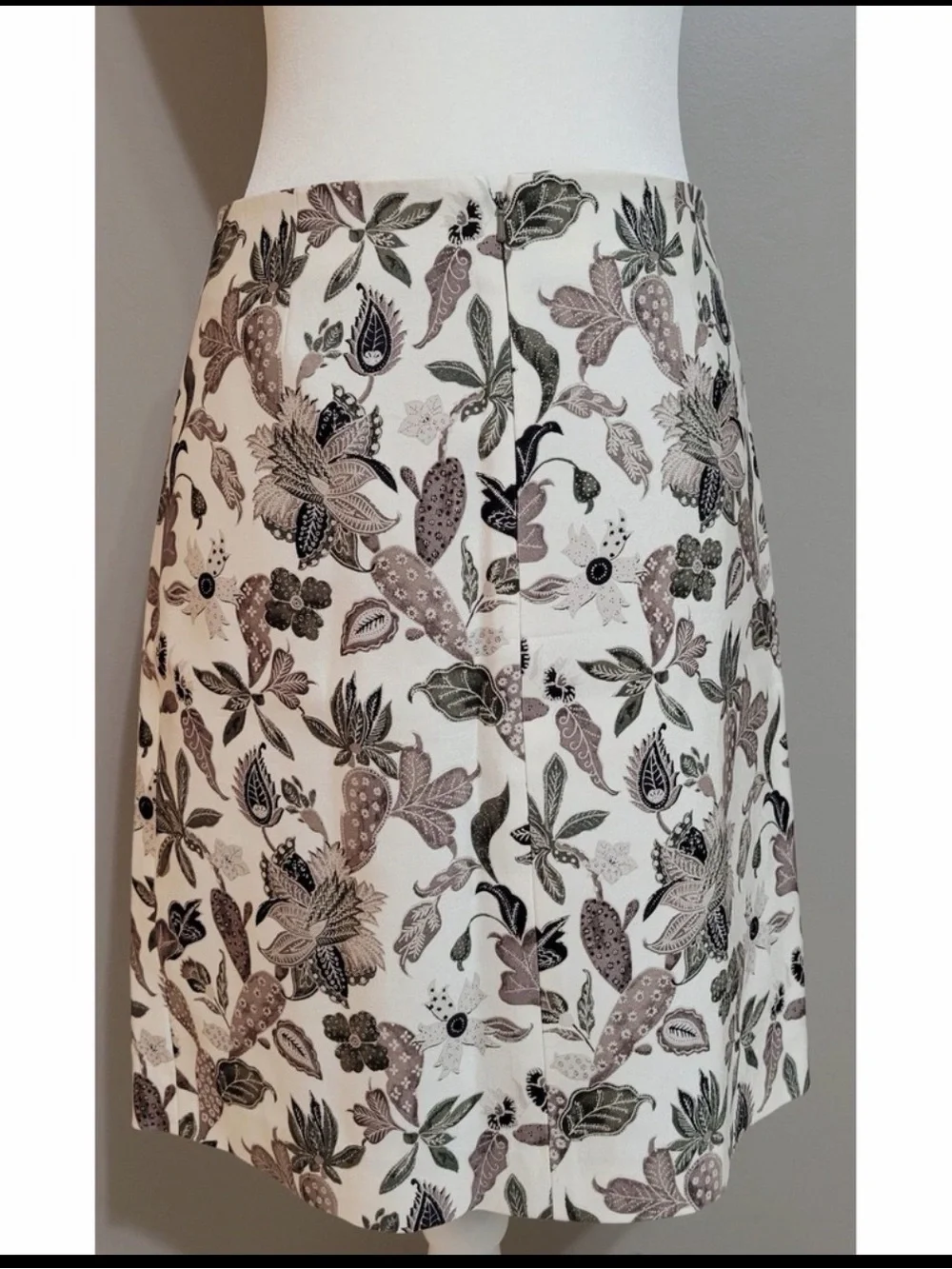 Tory Burch Ivory A-Line Skirt with Taupe & Olive Floral Print